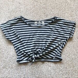 Black & Gray Striped Crop Top with Tie Front Small